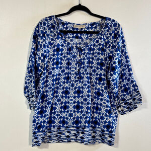 Jones New York Blue White Linen Tunic Top Women’s Medium Diamond Stars Blouse